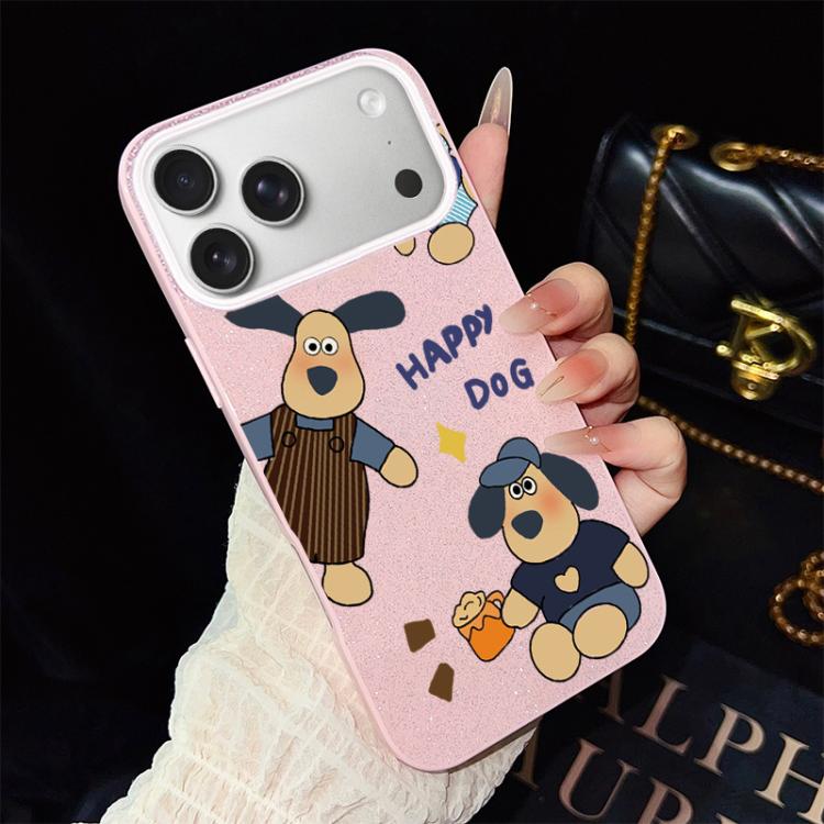 For iPhone 17 Pro Happy Dog Pattern IMD Glitter PC Hybrid TPU Phone Case(Pink)