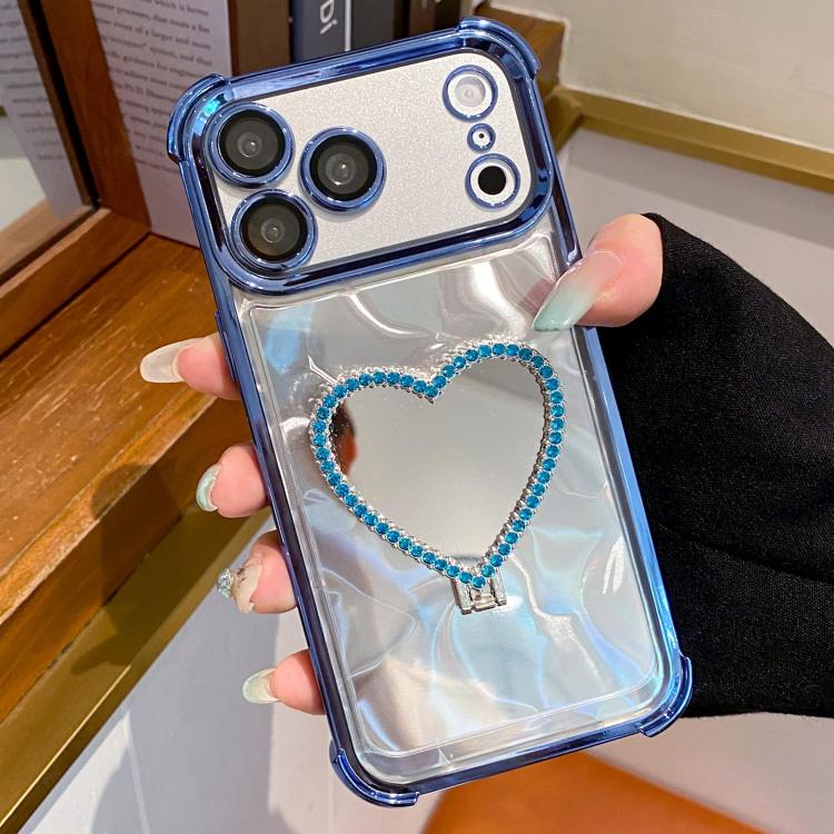 For iPhone 17 Pro Heart-shaped Mirror Electroplated TPU + Acrylic Phone Case with Holder(Blue)