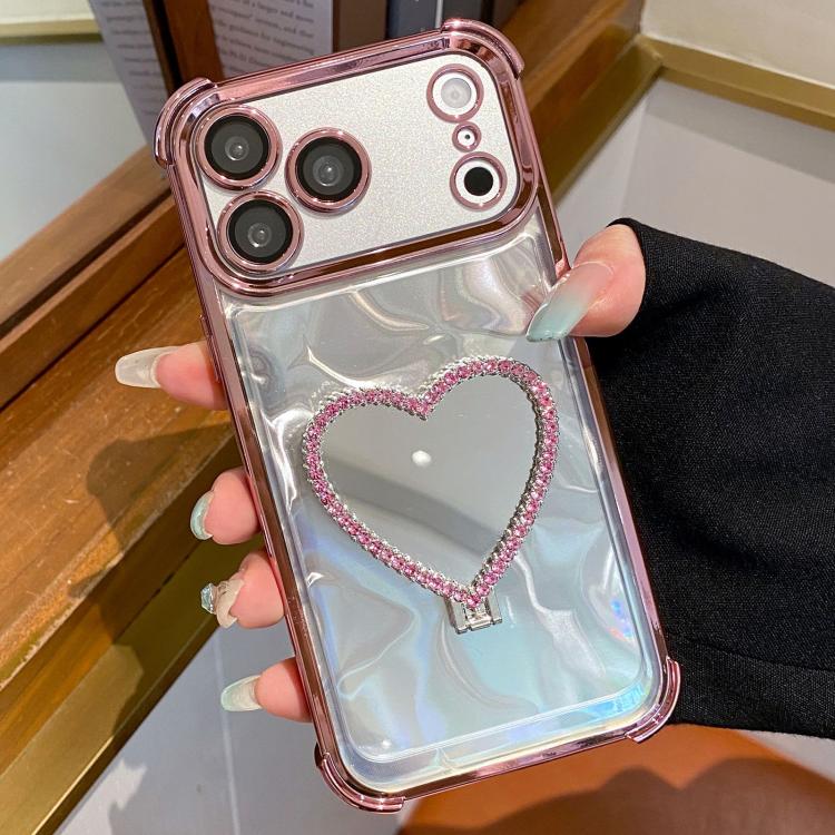 For iPhone 17 Pro Heart-shaped Mirror Electroplated TPU + Acrylic Phone Case with Holder(Pink)