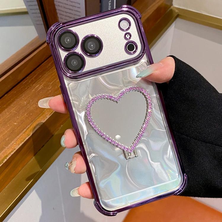 For iPhone 17 Pro Heart-shaped Mirror Electroplated TPU + Acrylic Phone Case with Holder(Purple)