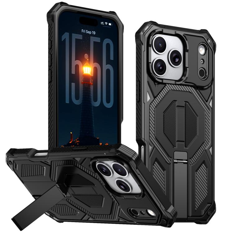 For iPhone 17 Pro Hidden Metal Holder Magnetic Shockproof Phone Case(Black)