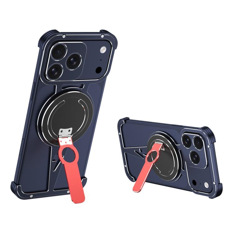 For iPhone 17 Pro Hollow Borderless MagSafe Aluminum Alloy Phone Case with Detachable Rotation Holder(Blue Silver)