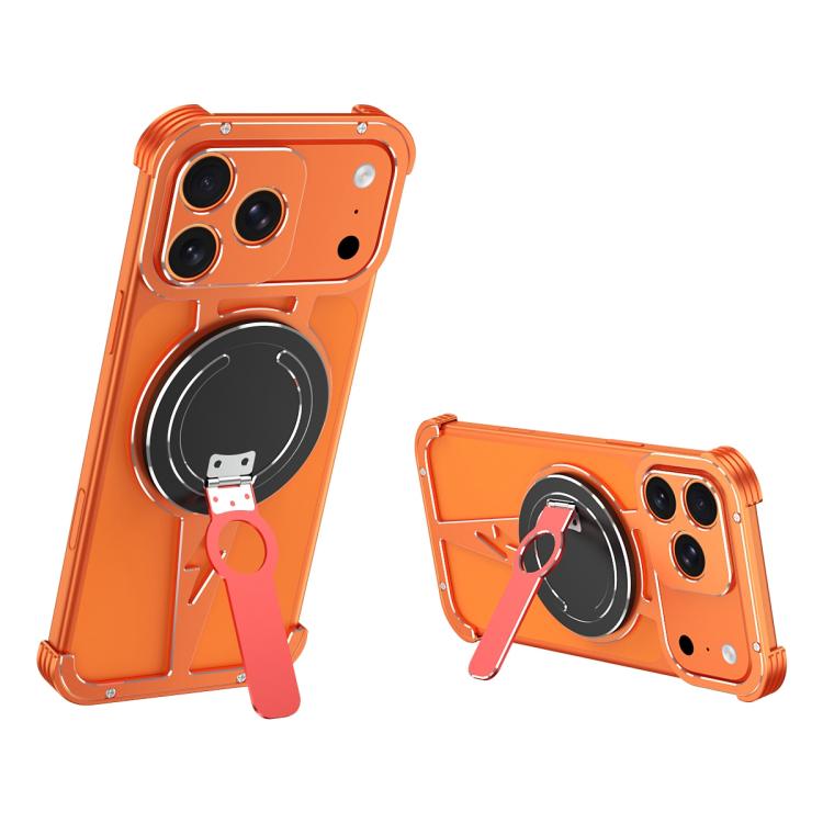 For iPhone 17 Pro Hollow Borderless MagSafe Aluminum Alloy Phone Case with Detachable Rotation Holder(Orange Silver)