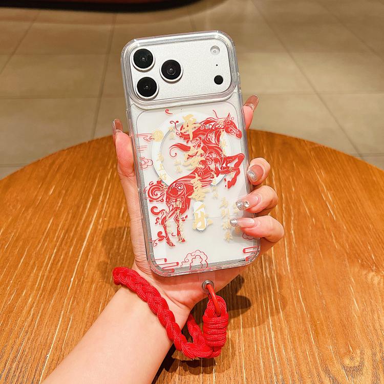 For iPhone 17 Pro Horse Year Acrylic Magnetic Full Coverage Phone Case with Lanyard(Peace and Joy)