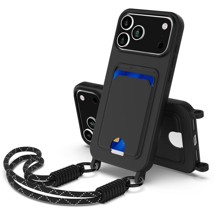For iPhone 17 Pro Integrated Card Bag Solid Color Liquid Silicone Phone Case Gen2 with Short Lanyard(Black)