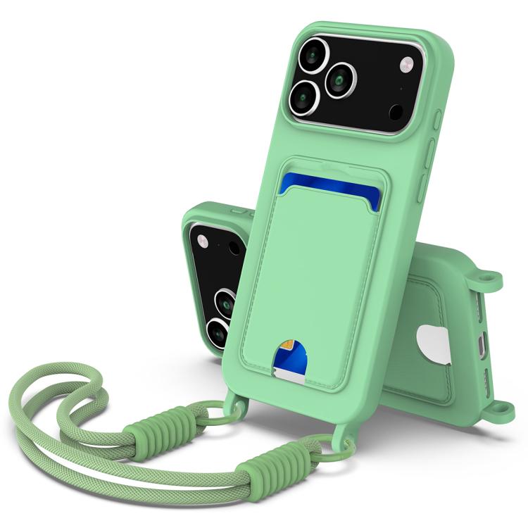 For iPhone 17 Pro Integrated Card Bag Solid Color Liquid Silicone Phone Case Gen2 with Short Lanyard(Green)