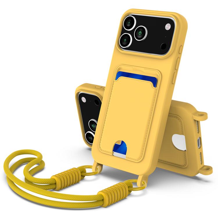For iPhone 17 Pro Integrated Card Bag Solid Color Liquid Silicone Phone Case Gen2 with Short Lanyard(Yellow)