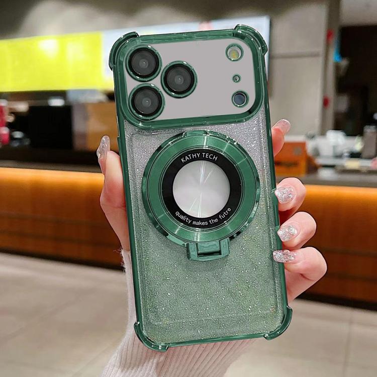 For iPhone 17 Pro Invisible Holder Gradient Glitter Magsafe Phone Case(Pine Green)