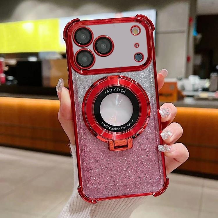 For iPhone 17 Pro Invisible Holder Gradient Glitter Magsafe Phone Case(Red)