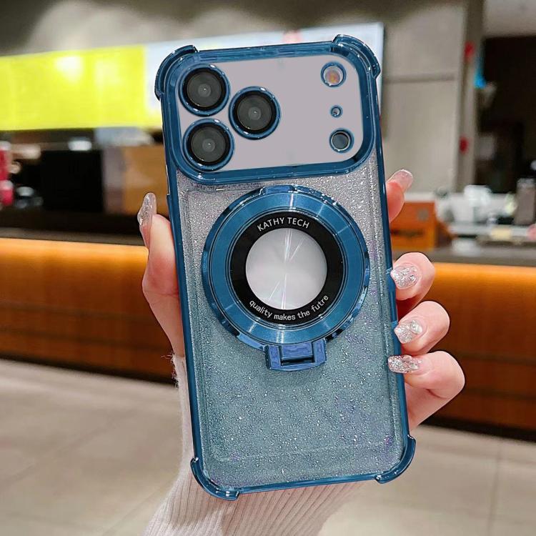 For iPhone 17 Pro Invisible Holder Gradient Glitter Magsafe Phone Case(Sierra Blue)