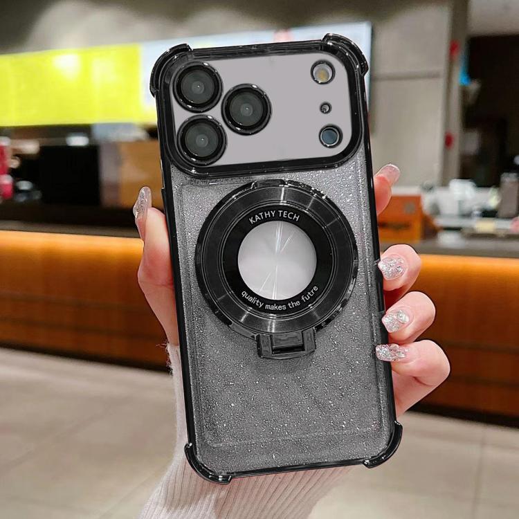 For iPhone 17 Pro Invisible Holder Gradient Glitter Magsafe Phone Case(Starry Black)