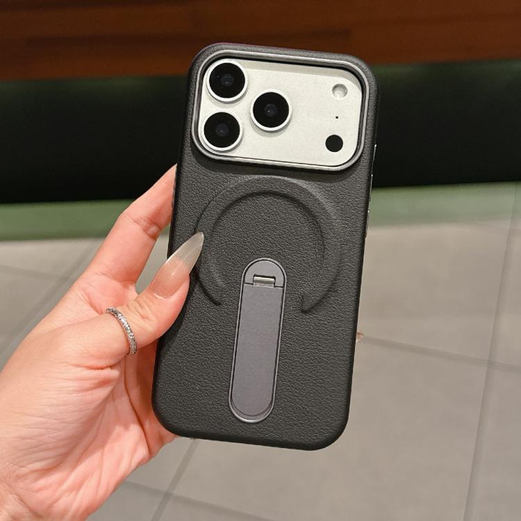 For iPhone 17 Pro Invisible Holder PC + Vegan Leather Magnetic Phone Case(Black)