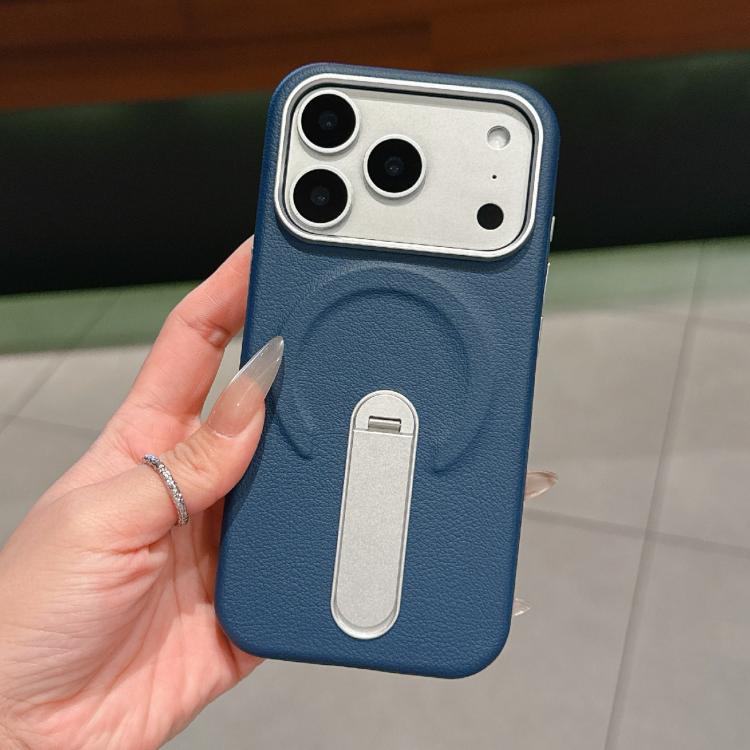 For iPhone 17 Pro Invisible Holder PC + Vegan Leather Magnetic Phone Case(Dark Blue)