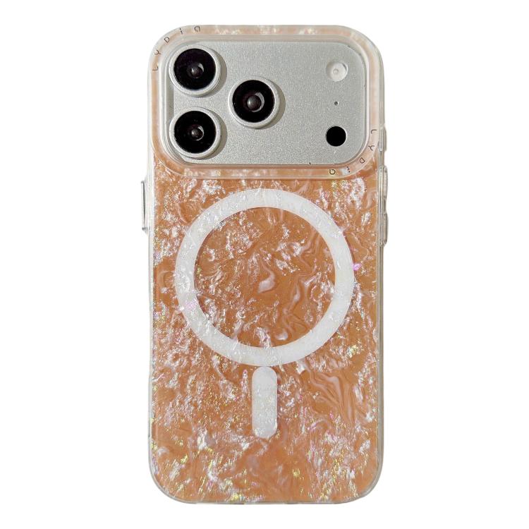 For iPhone 17 Pro Iridescent Gold Plated Shell Patterned Magnetic Phone Case(Orange)