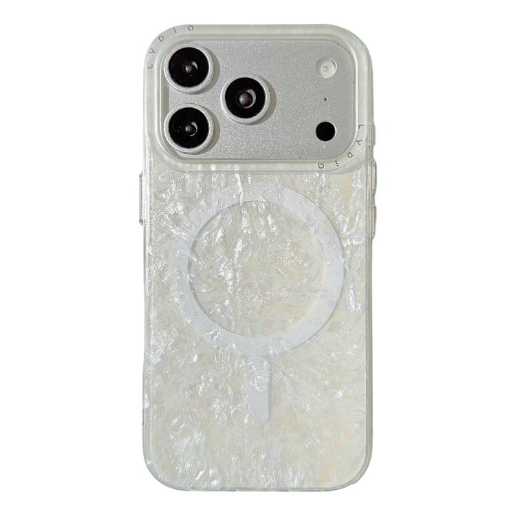 For iPhone 17 Pro Iridescent Gold Plated Shell Patterned Magnetic Phone Case(White)