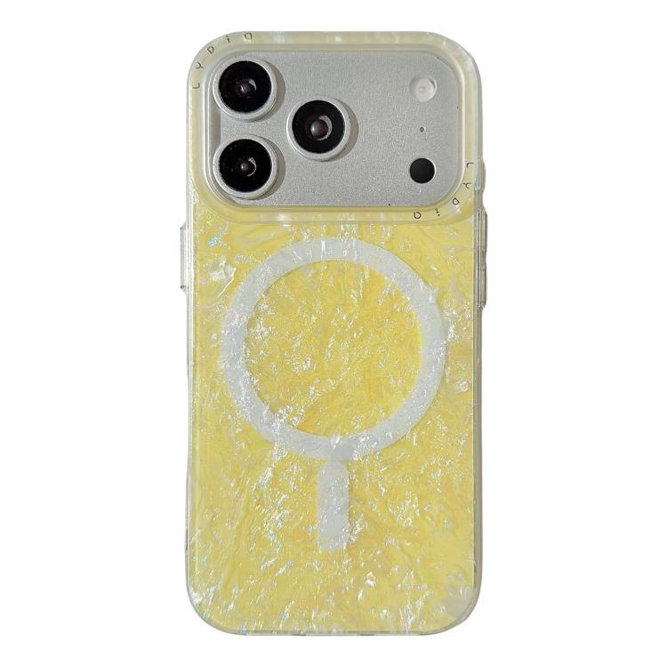 For iPhone 17 Pro Iridescent Gold Plated Shell Patterned Magnetic Phone Case(Yellow)