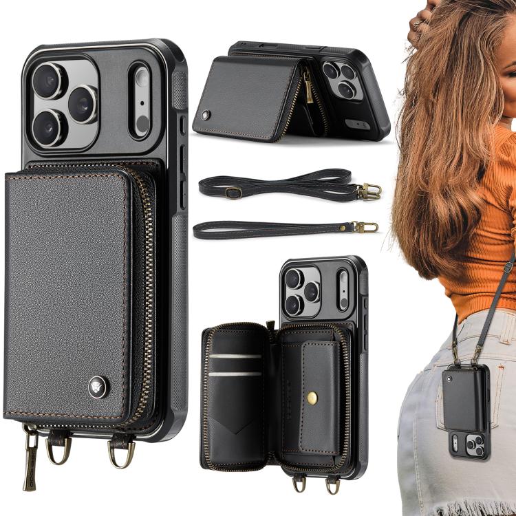 For iPhone 17 Pro JEEHOOD C22 Series Zipper Wallet Leather Phone Case with Dual Lanyard(Black)