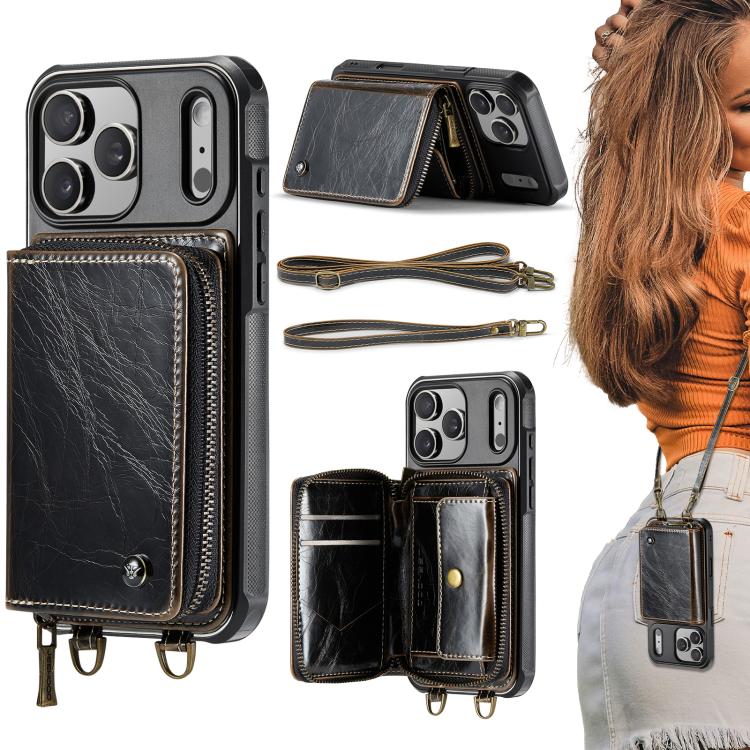 For iPhone 17 Pro JEEHOOD C22 Series Zipper Wallet Leather Phone Case with Dual Lanyard(Coffee)