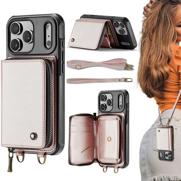 For iPhone 17 Pro JEEHOOD C22 Series Zipper Wallet Leather Phone Case with Dual Lanyard(Rose Gold)