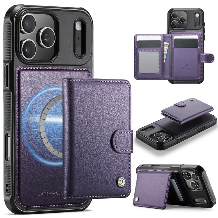 For iPhone 17 Pro JEEHOOD J09 Buckle Card Bag MagSafe Magnetic Style RFID Leather Phone Case(Purple)