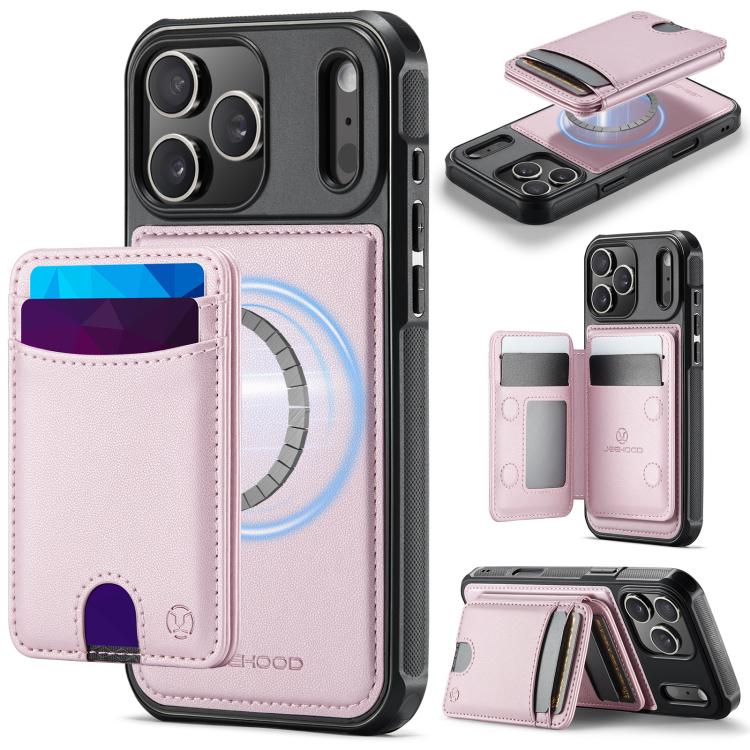 For iPhone 17 Pro JEEHOOD J10 Flip Card Bag MagSafe Split RFID Leather Phone Case(Pink)