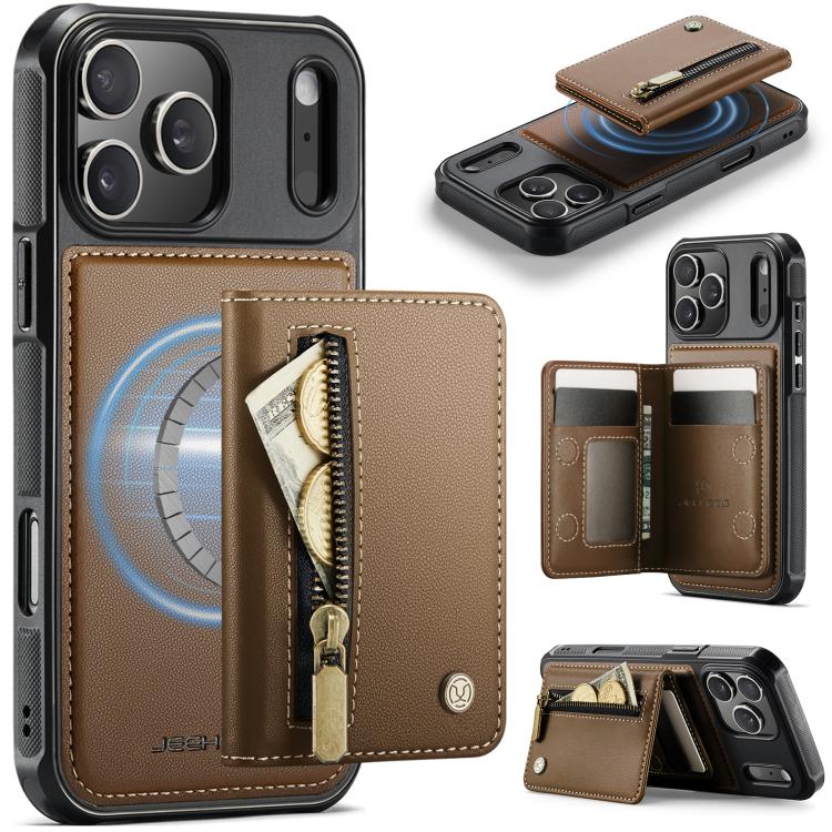 For iPhone 17 Pro JEEHOOD J12 Exquisite RFID MagSafe Zipper Card Bag Phone Case(Brown)