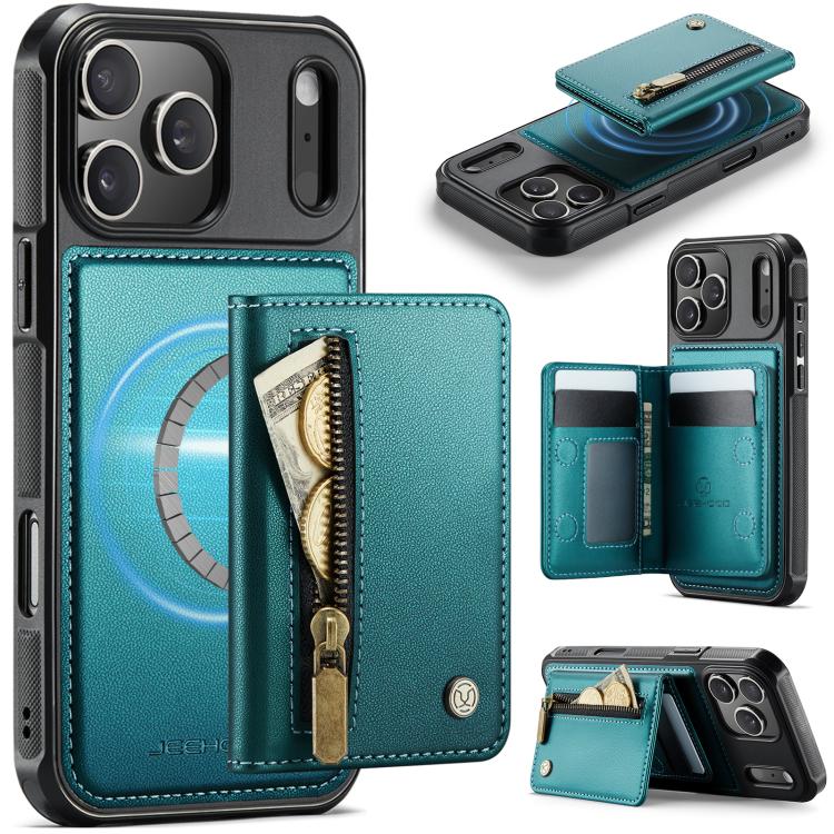 For iPhone 17 Pro JEEHOOD J12 Exquisite RFID MagSafe Zipper Card Bag Phone Case(Green)