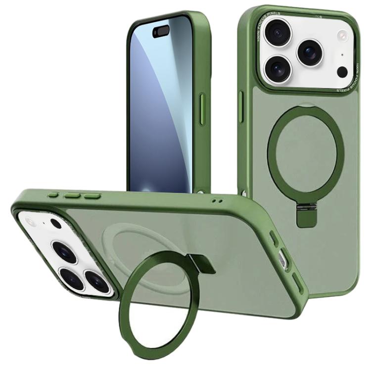 For iPhone 17 Pro Kalebol Metal Lens Frame MagSafe Holder Frosted PC Phone Case(Dark Green)