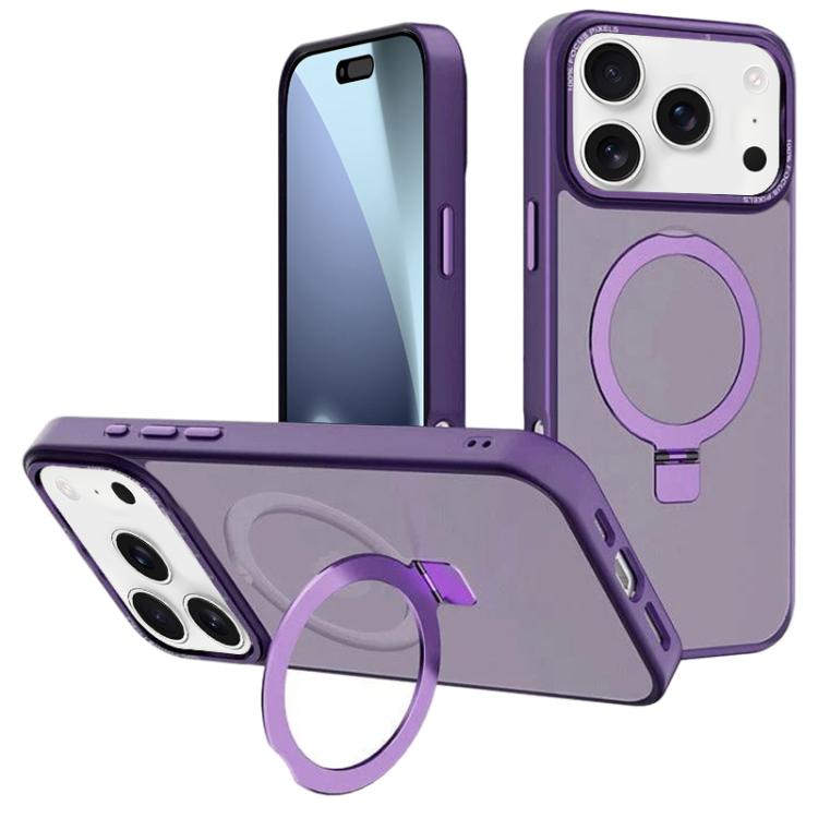 For iPhone 17 Pro Kalebol Metal Lens Frame MagSafe Holder Frosted PC Phone Case(Dark Purple)