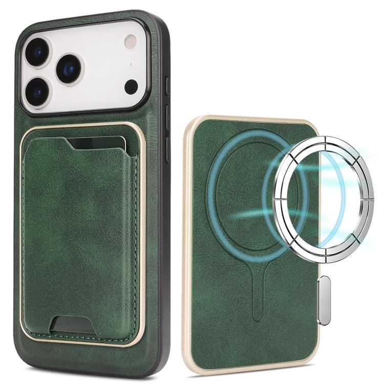 For iPhone 17 Pro Kalebol Slim MagSafe Ring Magnetic Card Bag Leather Phone Case(Green)