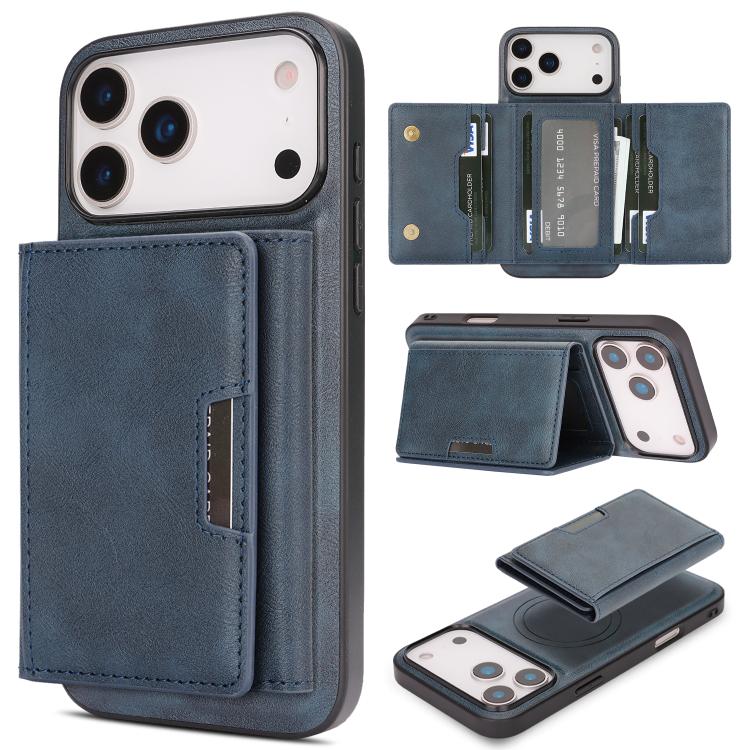 For iPhone 17 Pro Kalebol Strong Magnetic MagSafe Tri-Fold Wallet Leather Phone Case(Blue)