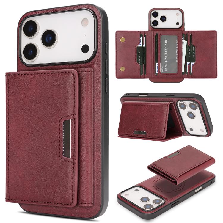 For iPhone 17 Pro Kalebol Strong Magnetic MagSafe Tri-Fold Wallet Leather Phone Case(Red)