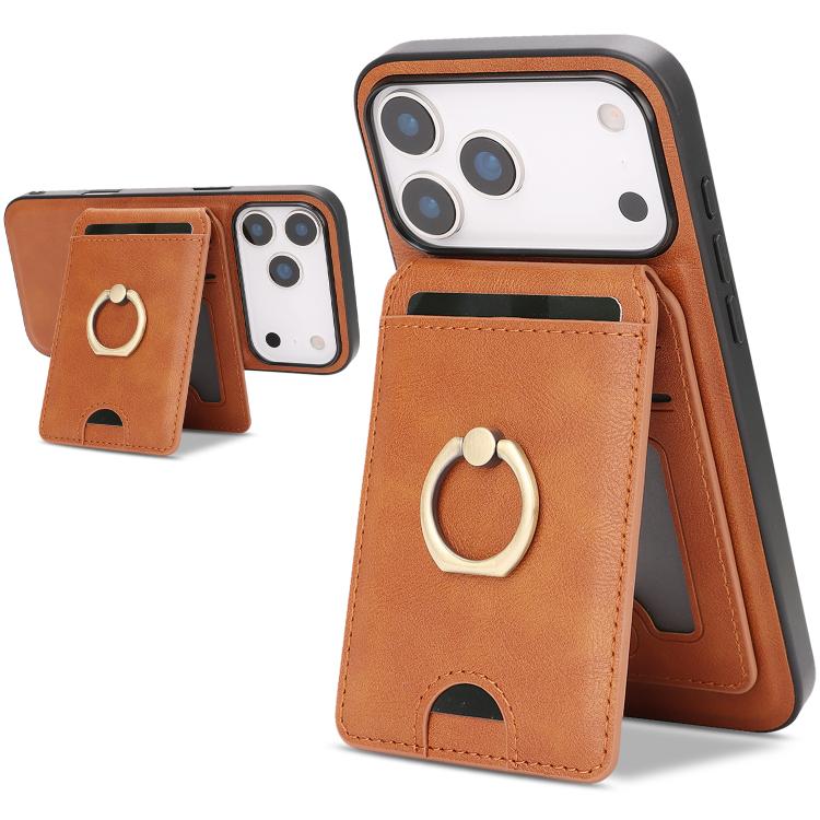 For iPhone 17 Pro Kalebol Strong MagSafe Ring Magnetic Card Bag Holder Leather Phone Case(Brown)