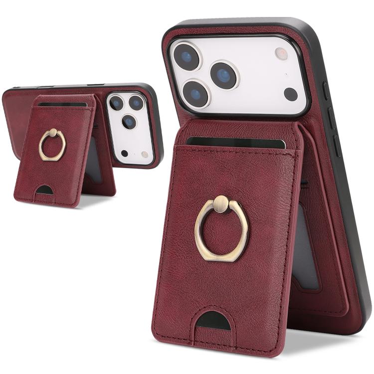 For iPhone 17 Pro Kalebol Strong MagSafe Ring Magnetic Card Bag Holder Leather Phone Case(Red)