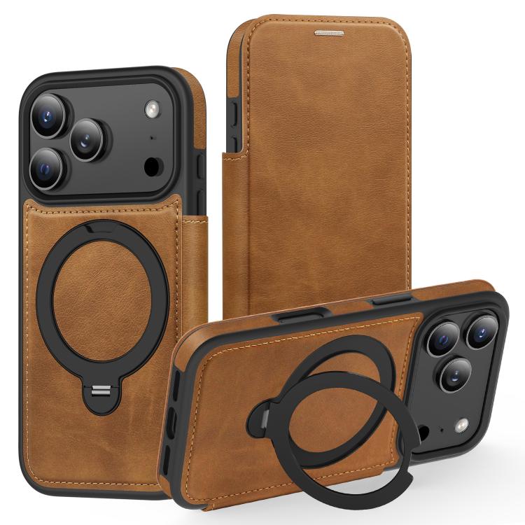 For iPhone 17 Pro Knight Shield 360 Rotation Holder MagSafe RFID Leather Phone Case(Brown)