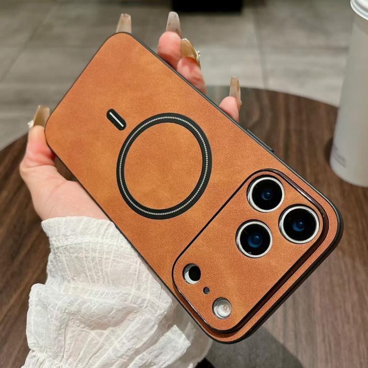 For iPhone 17 Pro Lambskin Faux Leather Magnetic Phone Case(Light Brown)