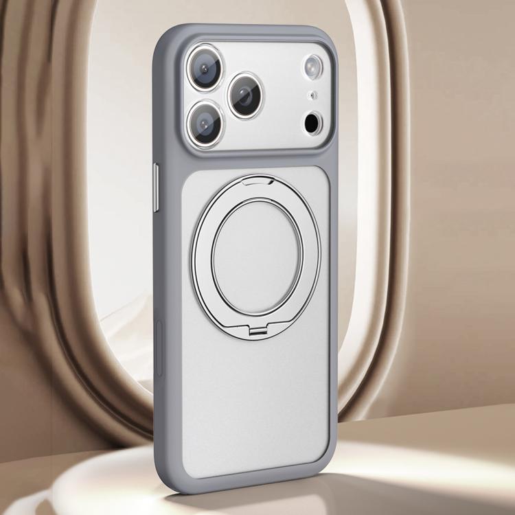 For iPhone 17 Pro Large Hole Frosted Skin-Feel Magnetic Holder Phone Case with AI Shutter Button(Grey)
