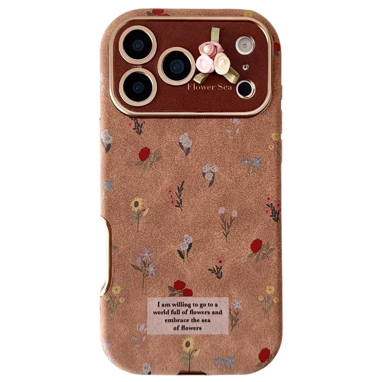 For iPhone 17 Pro Large Window Desert Gold Small Floral Soft TPU Phone Case(3D Ribbon Flowers)