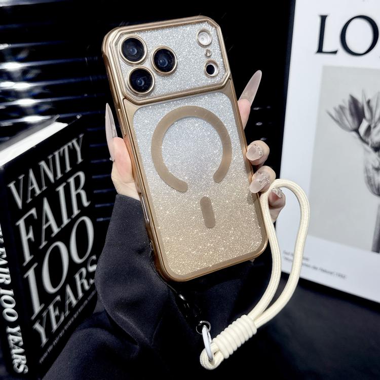 For iPhone 17 Pro Large Window Glitter Gradient Matte Electroplated TPU MagSafe Phone Case with Hand Strap(Gold)