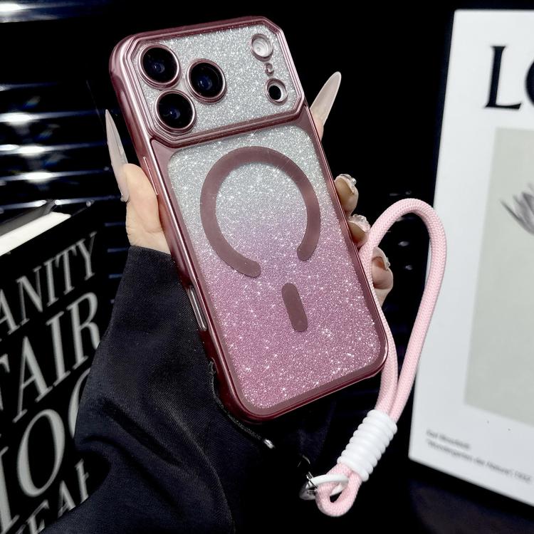 For iPhone 17 Pro Large Window Glitter Gradient Matte Electroplated TPU MagSafe Phone Case with Hand Strap(Pink)