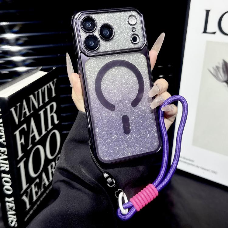 For iPhone 17 Pro Large Window Glitter Gradient Matte Electroplated TPU MagSafe Phone Case with Hand Strap(Purple)
