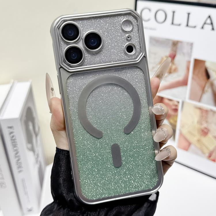 For iPhone 17 Pro Large Window Glitter Gradient Matte Electroplated TPU MagSafe Phone Case(Silver)