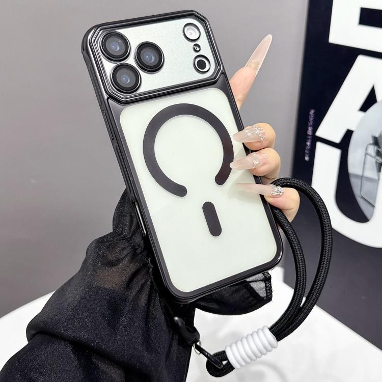 For iPhone 17 Pro Large Window Matte Electroplated TPU MagSafe Phone Case with Hand Strap(Black)