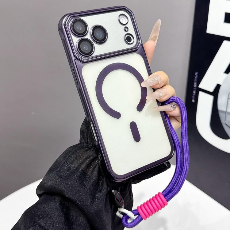 For iPhone 17 Pro Large Window Matte Electroplated TPU MagSafe Phone Case with Hand Strap(Purple)