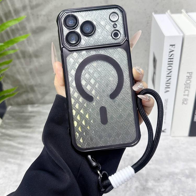For iPhone 17 Pro Large Window Rhombus Gradient Matte Electroplated TPU MagSafe Phone Case with Hand Strap(Black)