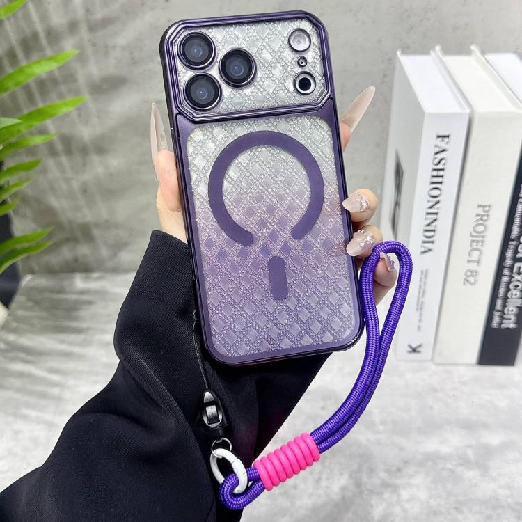 For iPhone 17 Pro Large Window Rhombus Gradient Matte Electroplated TPU MagSafe Phone Case with Hand Strap(Purple)