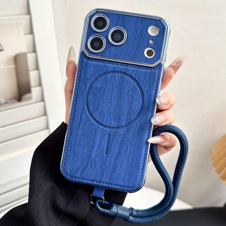 For iPhone 17 Pro Large Window TPU Electroplated Wood Grain PU MagSafe Phone Case with Lens Film & Strap(Blue)
