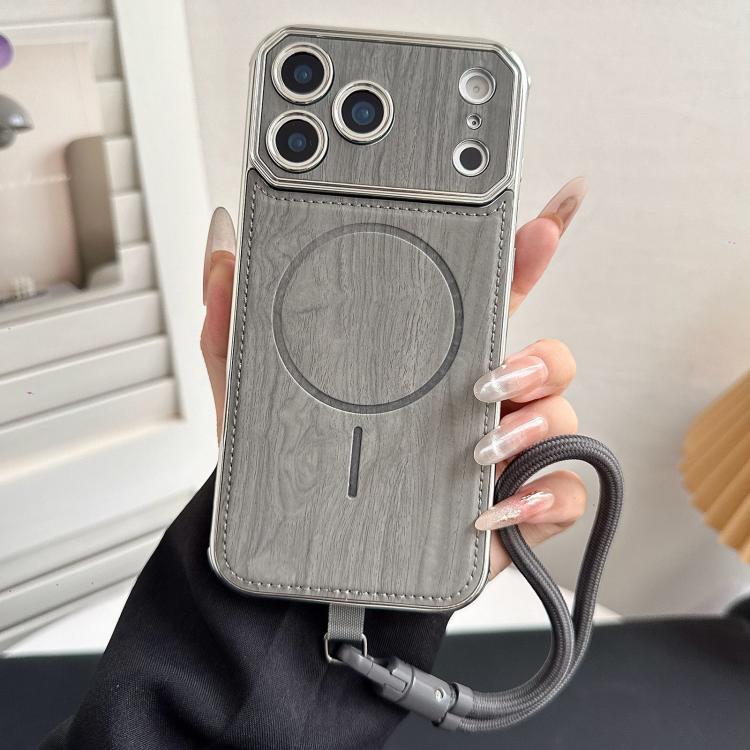 For iPhone 17 Pro Large Window TPU Electroplated Wood Grain PU MagSafe Phone Case with Lens Film & Strap(Grey)
