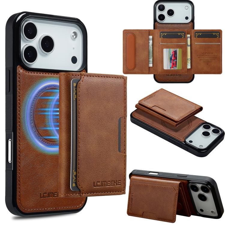 For iPhone 17 Pro LC.IMEEKE L5 Series Detachable RFID Card Bag Magsafe Phone Case(Brown)
