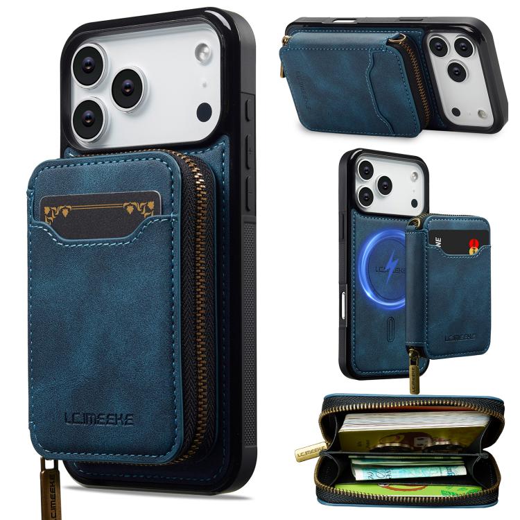 For iPhone 17 Pro LC.IMEEKE L6 Series Zipper Card Bag MagSafe Magnetic Phone Case(Blue)